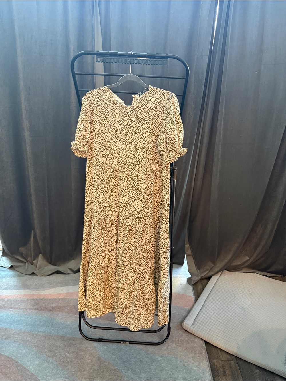 Tiered Puff-Sleeve Midi Dress in Beige Leopard Print